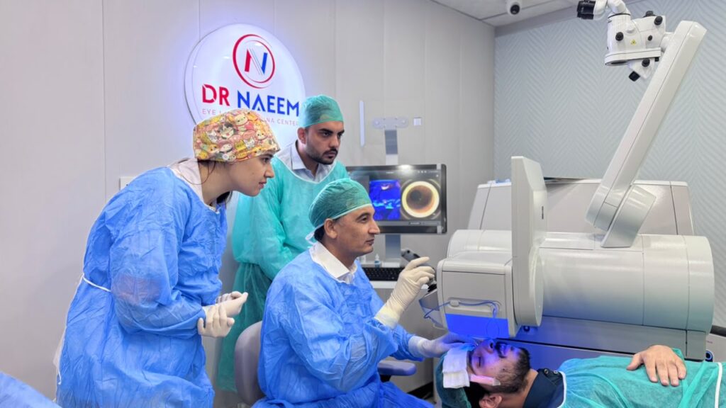 Prof. Dr. Naeem Khattak consulting with a patient about SMILE Pro eye surgery in Peshawar